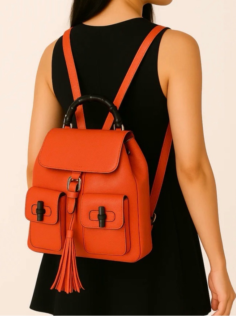 Gucci Vibrant Orange Leather Bamboo Backpack. P0221
